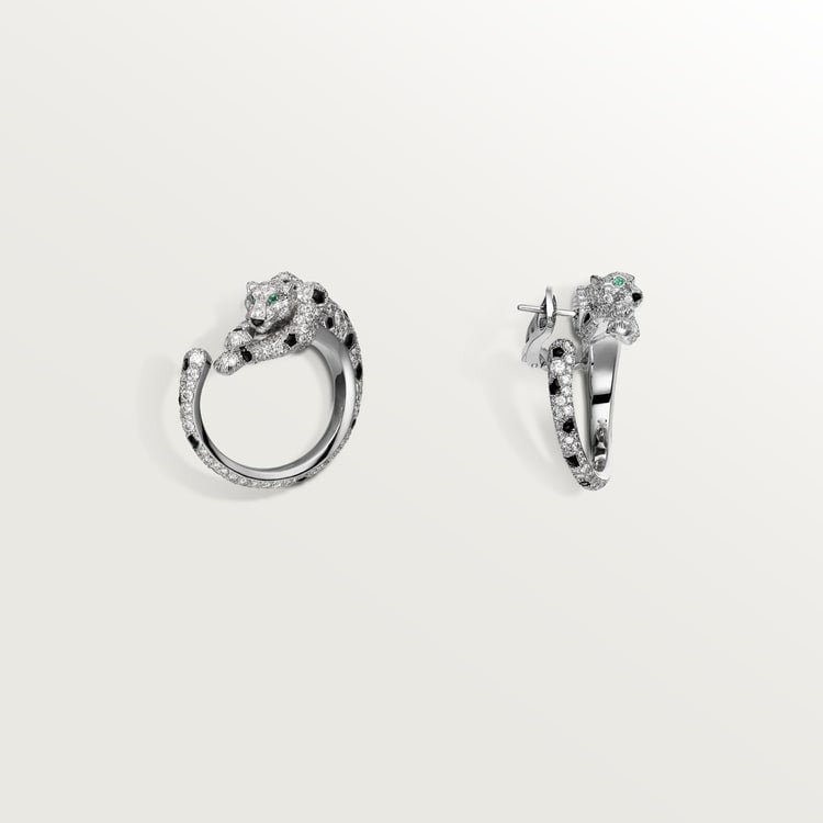 CARTIER PANTHERE DIAMOND ONYX GREEN EMERAL SILVER EARRINGS