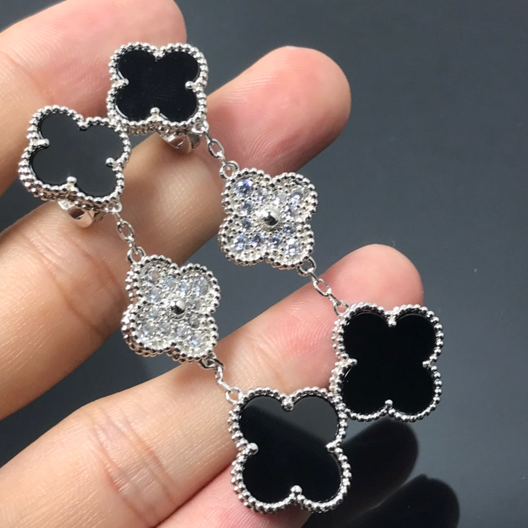 Van Cleef & Arpels CLOVER 3 MOTIF DIAMOND ONYX SILVER EARRINGS